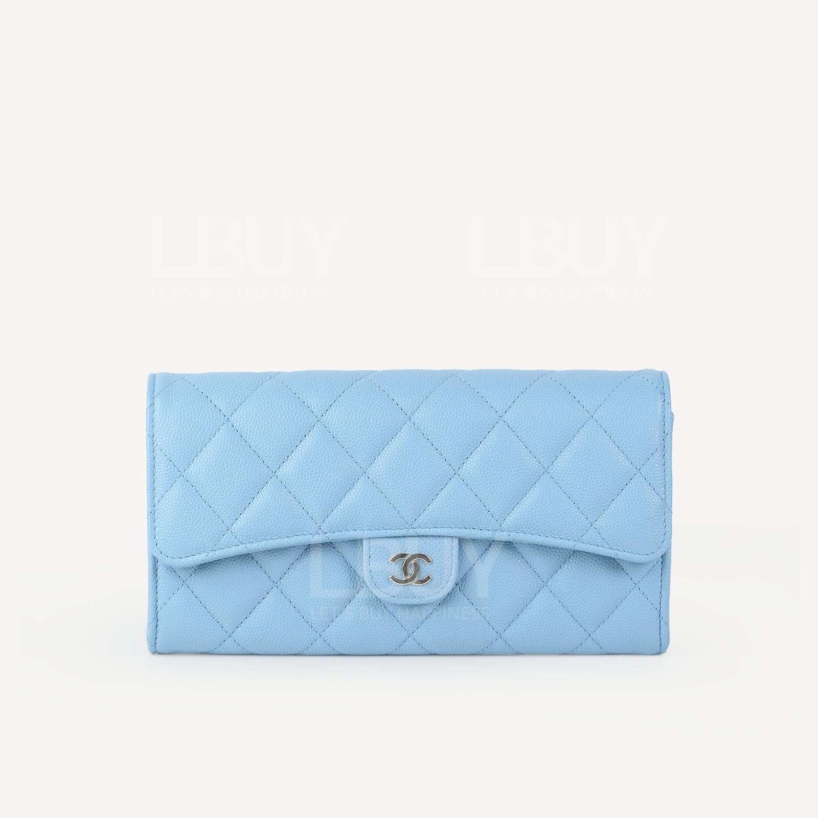 Chanel Classic Long Flap Wallet Light Blue with Gold Tone Metal AP0241
