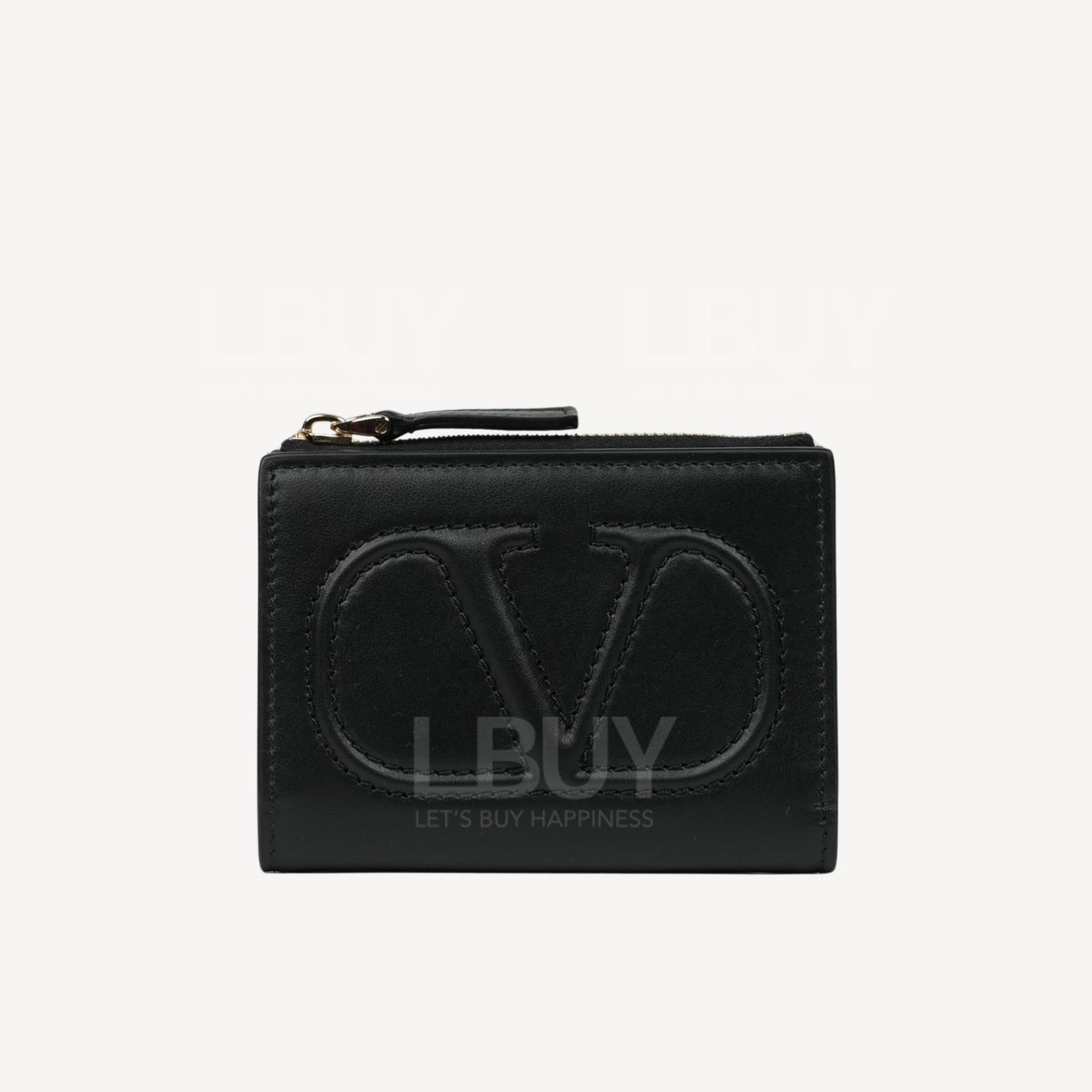 Valentino Embossed Vlogo Button Short Wallet with Zipper Coin Purse Black