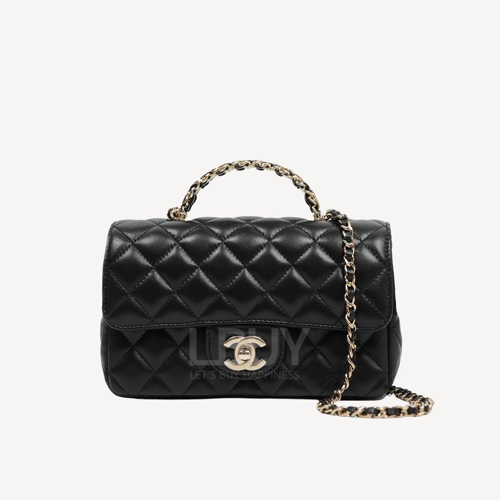 CHANEL 水钻手挽金色CC Logo 20cm黑色垂盖手袋 AS4141