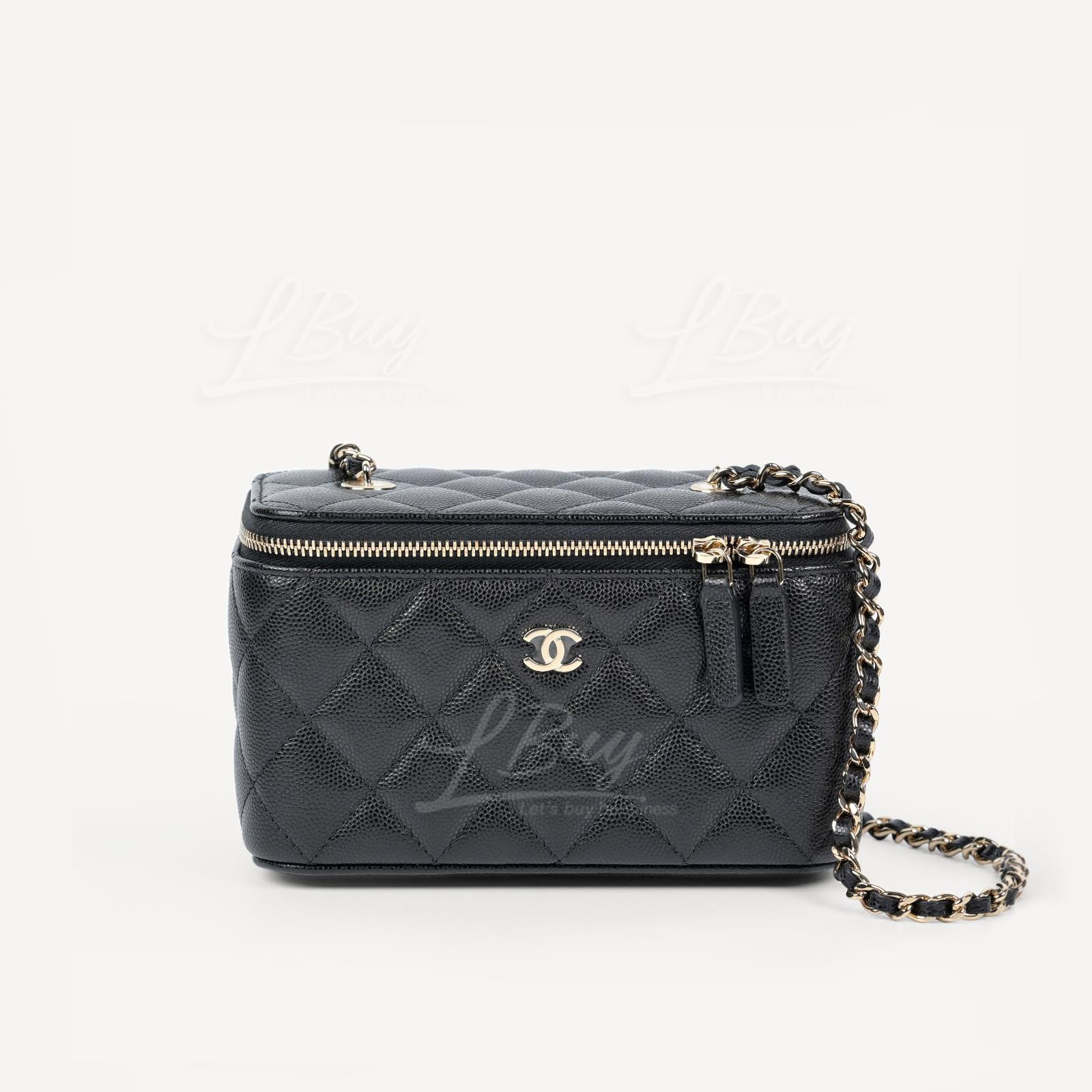 Chanel 镜子粒纹小牛皮盒底CC Logo黑色链带长型化妆盒子 AP1341