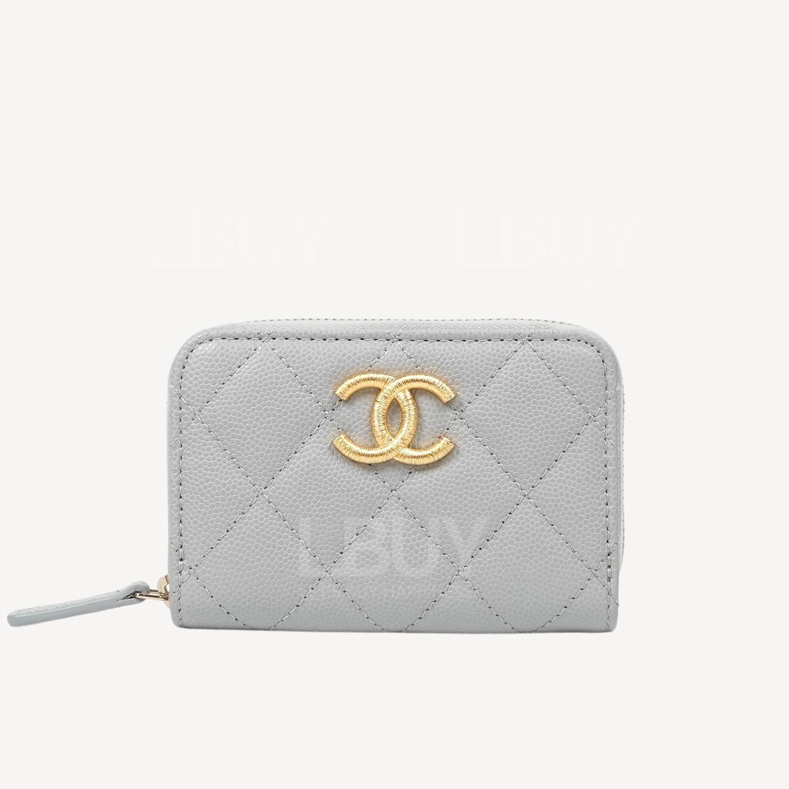 Chanel Gold CC Logo Zip Coin Wallet Card Holder Grey AP3521