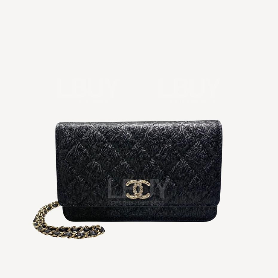 Chanel 荔枝牛皮淡金色金屬黑色特別版鏈條WOC AP318