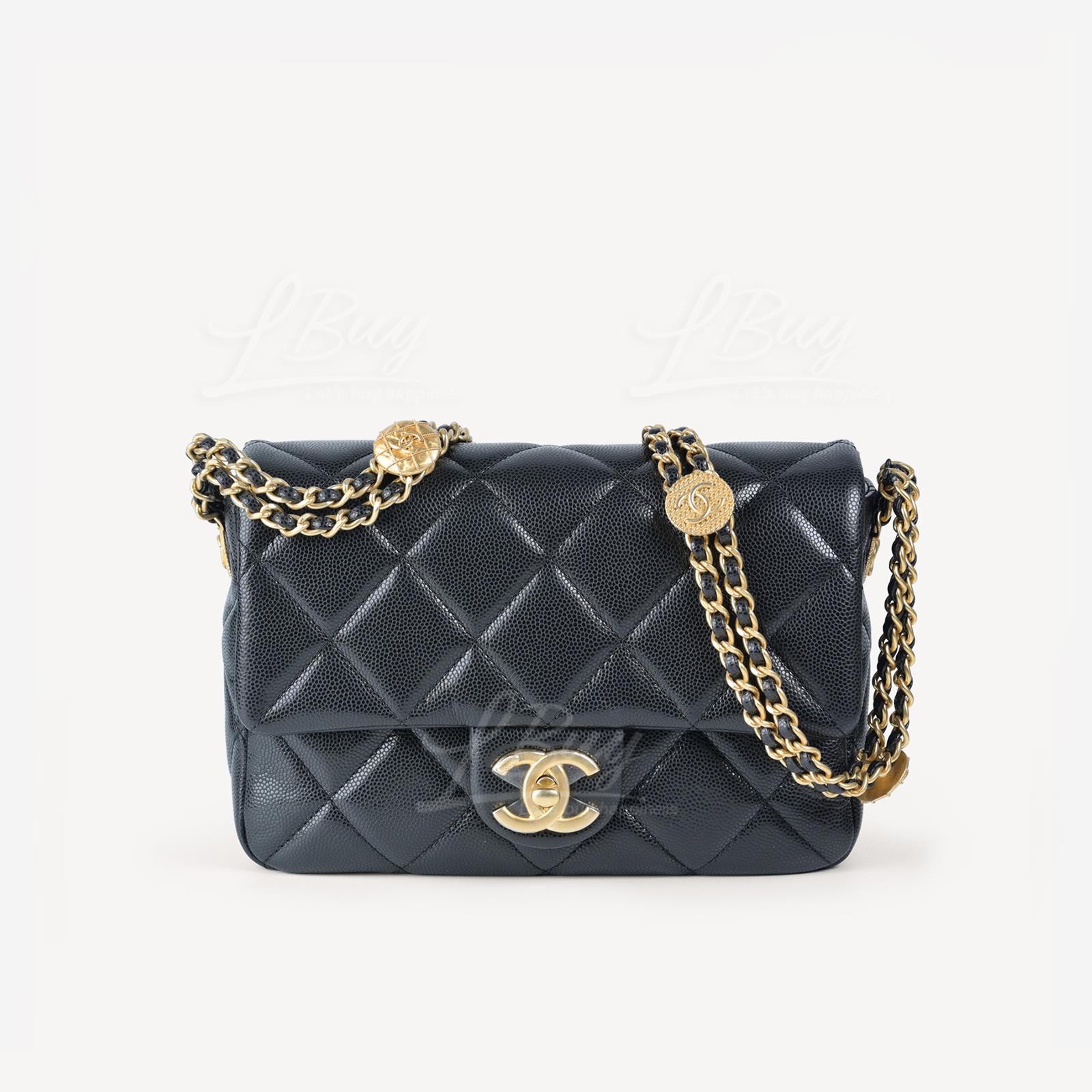 Chanel 金幣鏈帶 21cm黑色垂蓋手袋 AS3369