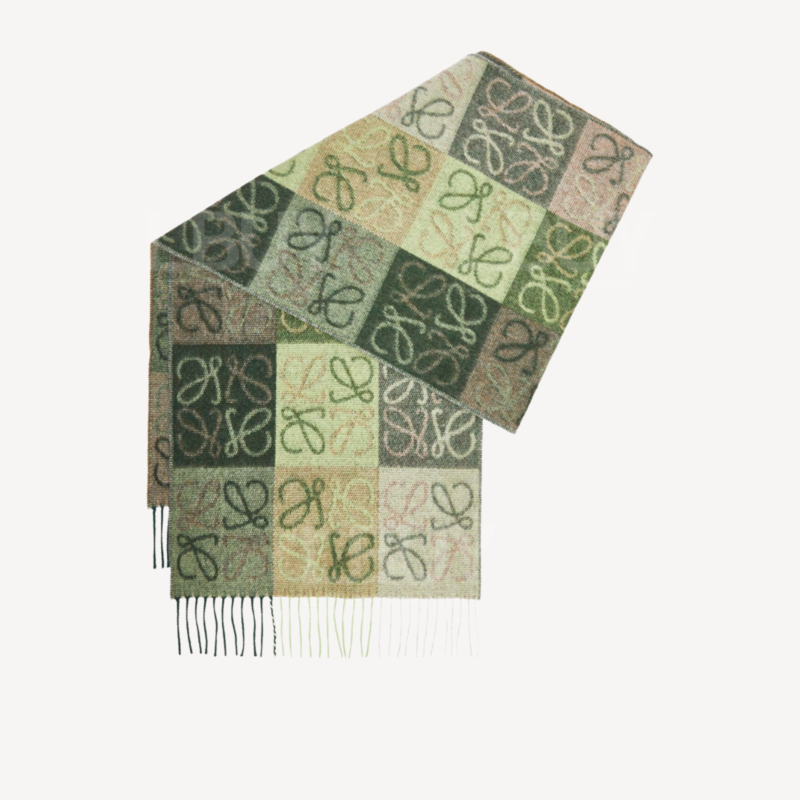 Loewe Anagram 缇花织双面格子图桉羊毛羊绒围巾颈巾 深绿色 卡其色