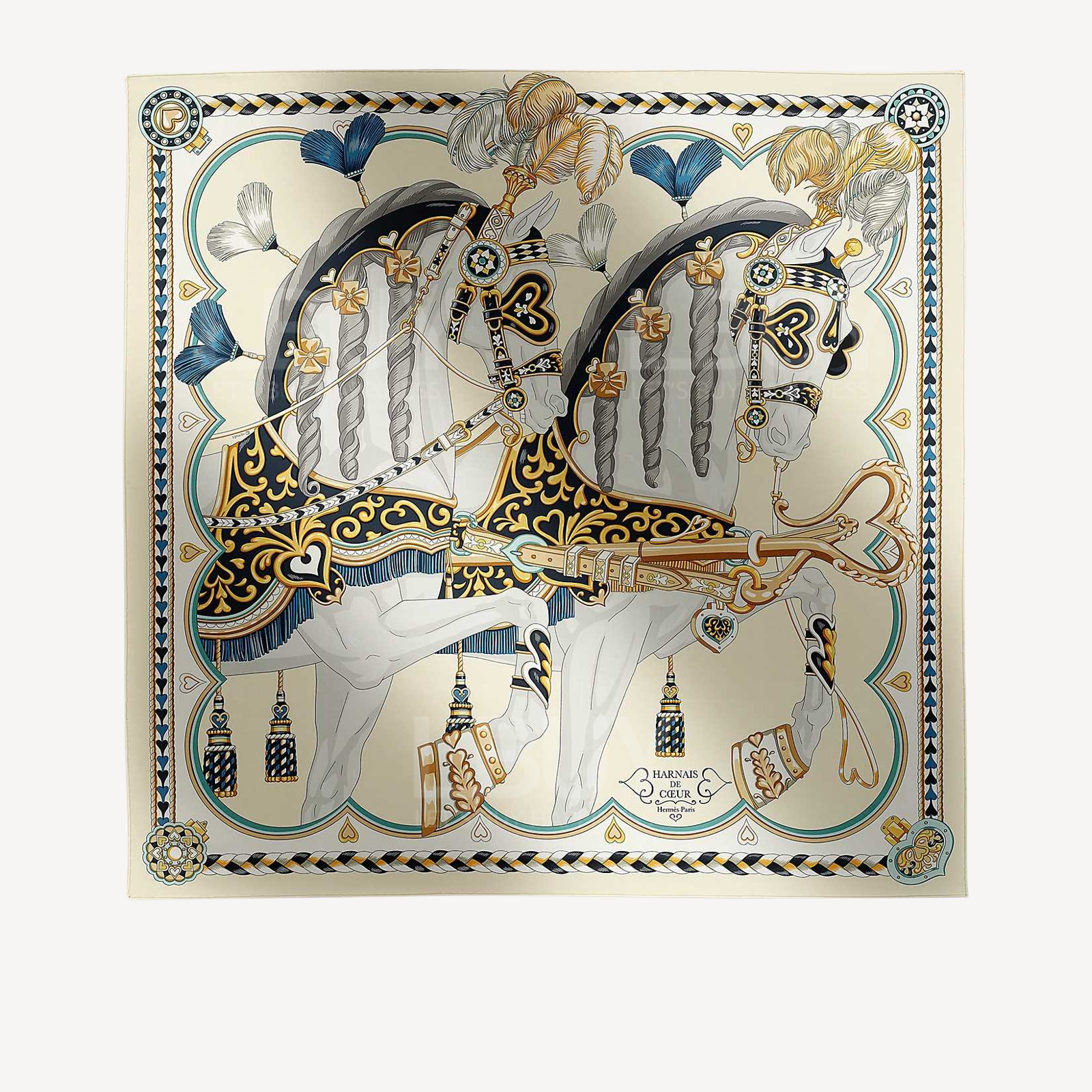 Hermes Harnais de Coeur Scarf 90 Crème Marine Gold