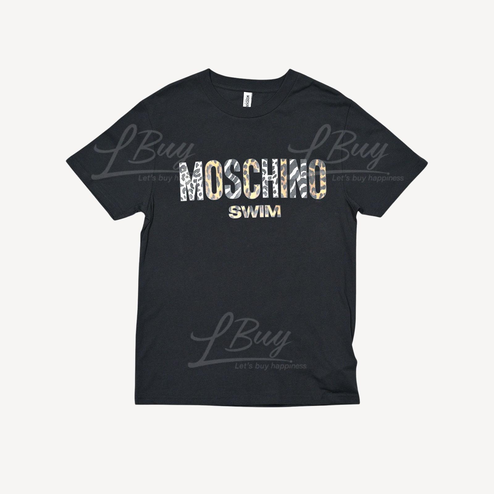 Moschino Swim Leopard Print Logo Short Sleeve T Shirt Black