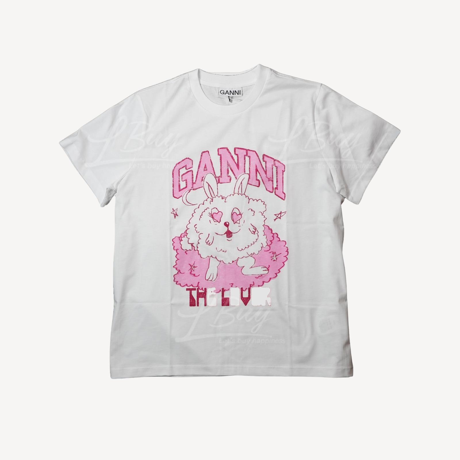 Ganni 粉紅色Love Bunny 兔仔白色有機棉短袖T恤