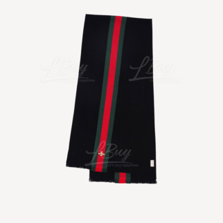 Gucci Red and Green Stripes Embroidered Bee Black Scarf