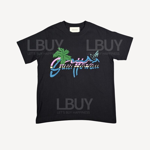 Gucci-Gucci Hawaii Colour Logo Cotton Short Sleeve T-Shirt Black