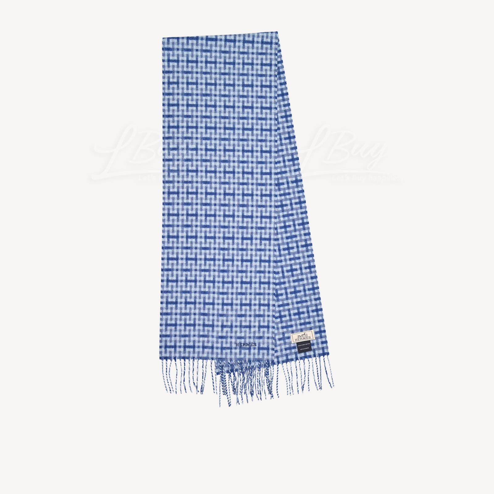 Hermes H Ecossais Muffler Marine,Denim,Ciel