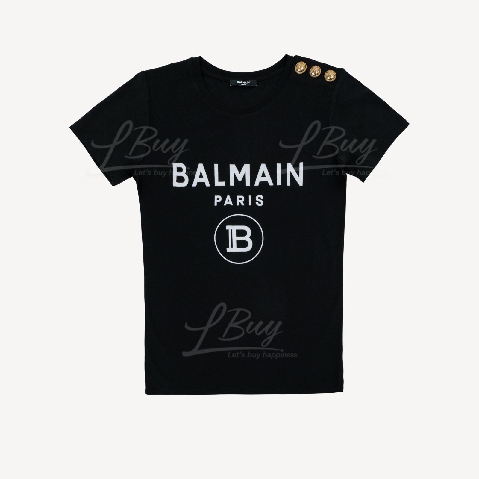 Balmain 白色徽标印纹黑色棉质 T 恤