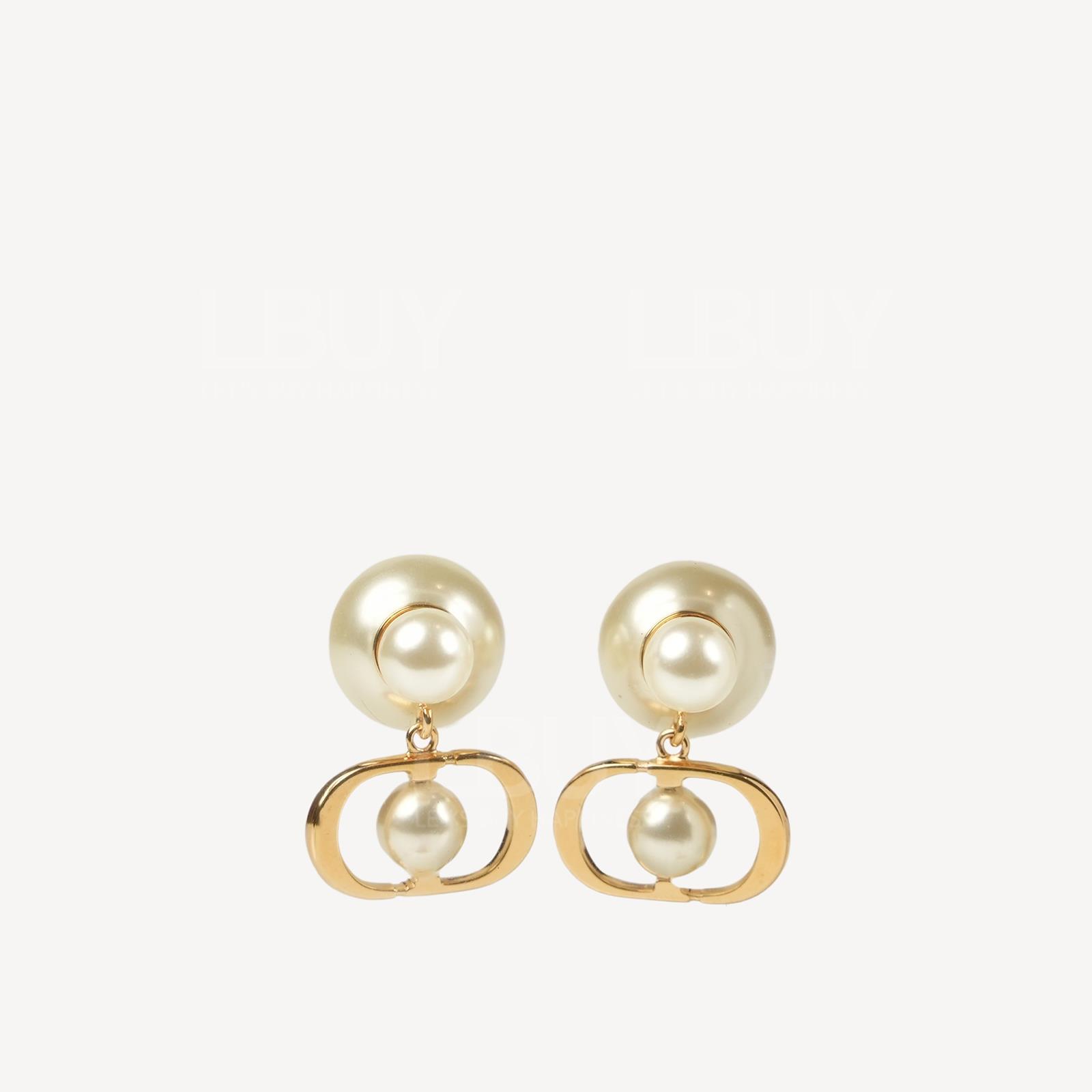 Dior Tribales Pearl and CD Logo Gold Pendant Earrings E3213