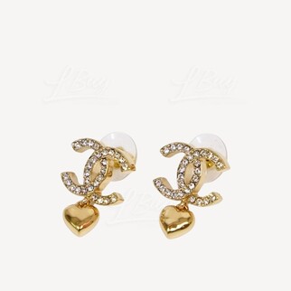 Chanel Gold Rhinestone CC Logo Pendant Heart-shaped Earrings ABA272