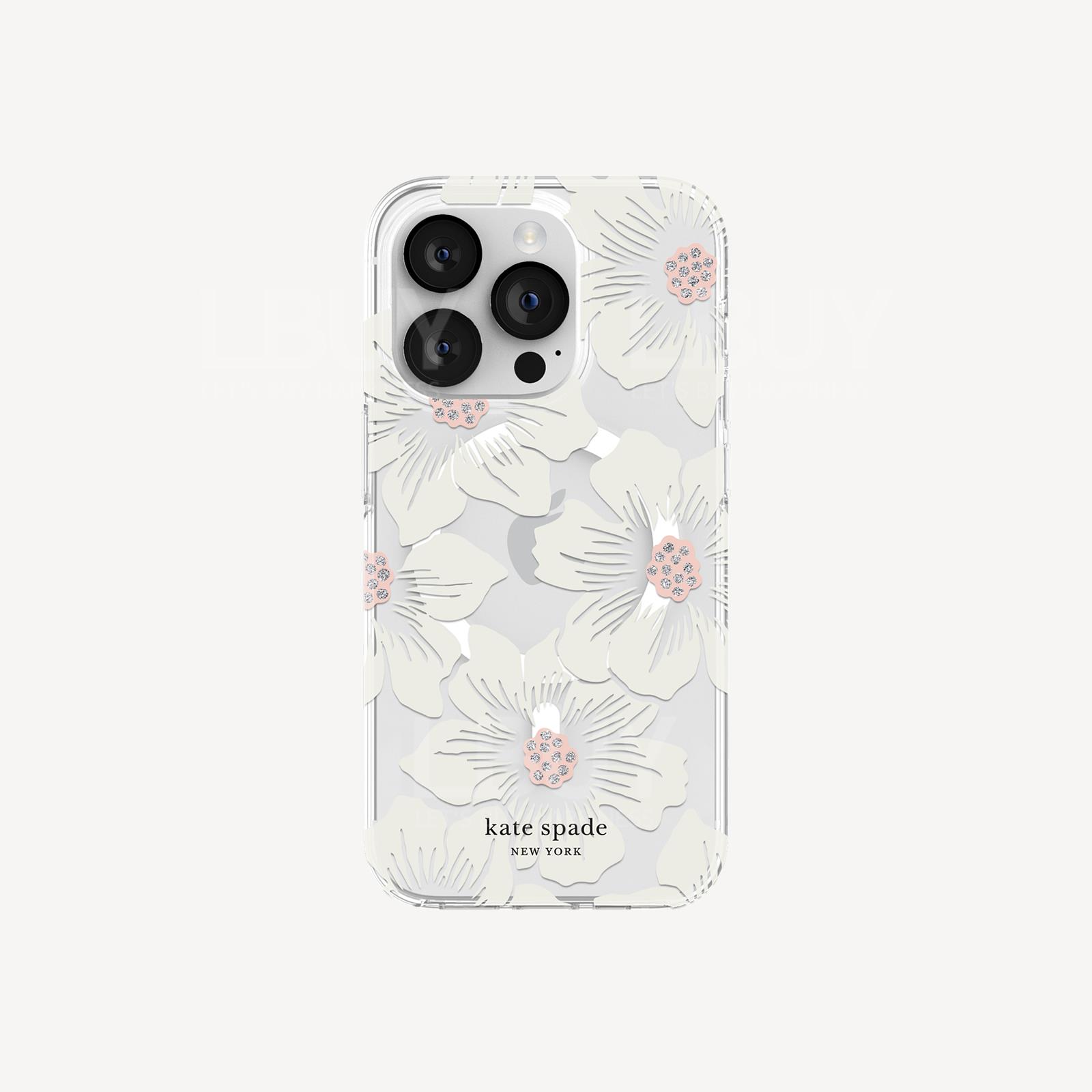 Kate Spade New York Protective Hardshell Case For MagSafe iPhone 14 Pro - Hollyhock Floral Clear/Cream with Stones