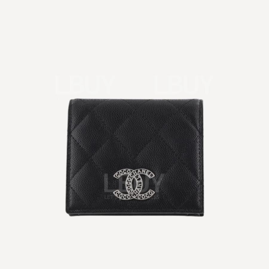 Chanel Silver CC Logo Black Coins Pocket Short Wallet AP3828