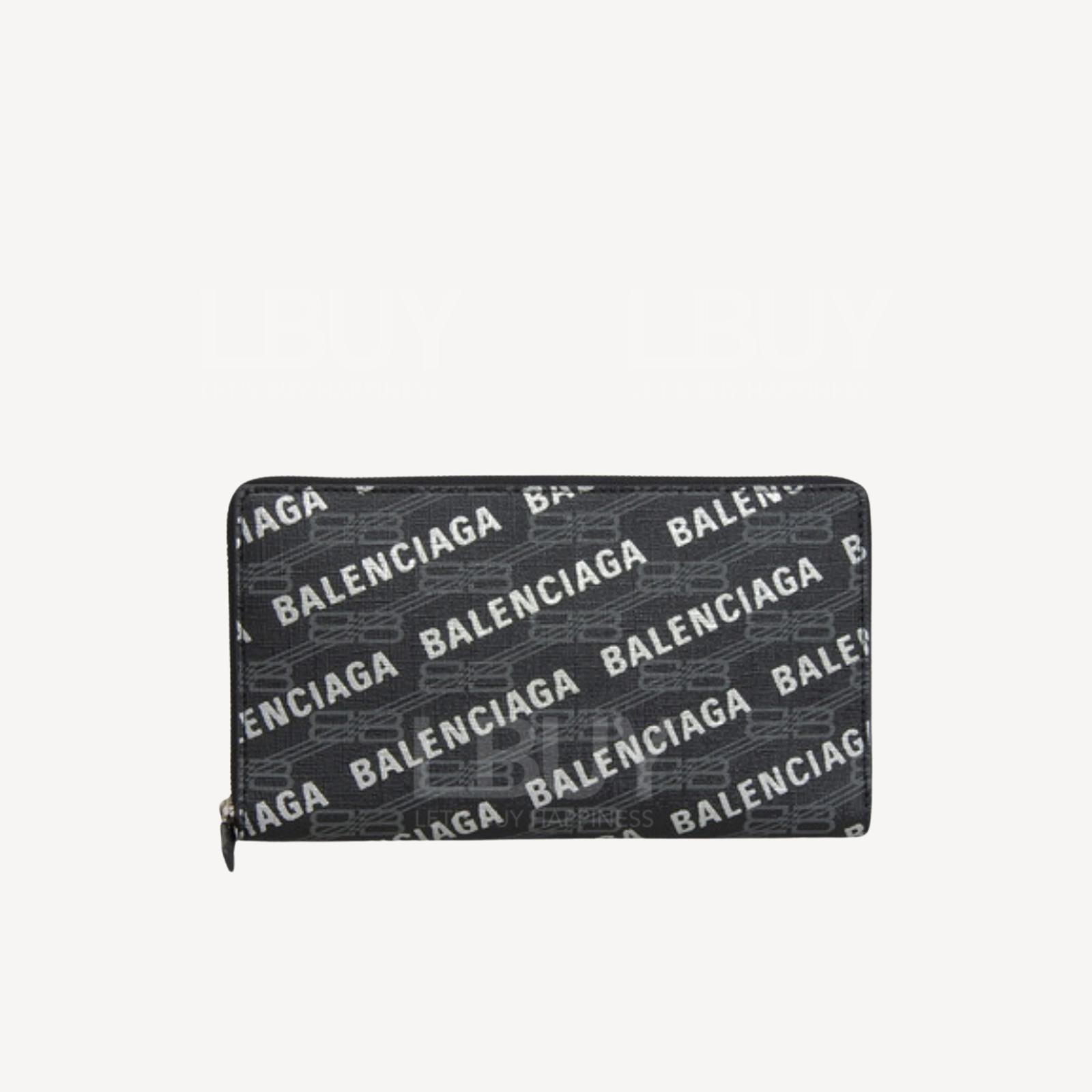 Balenciaga Logo Printed Leather Zipper Long Wallet Black 594317