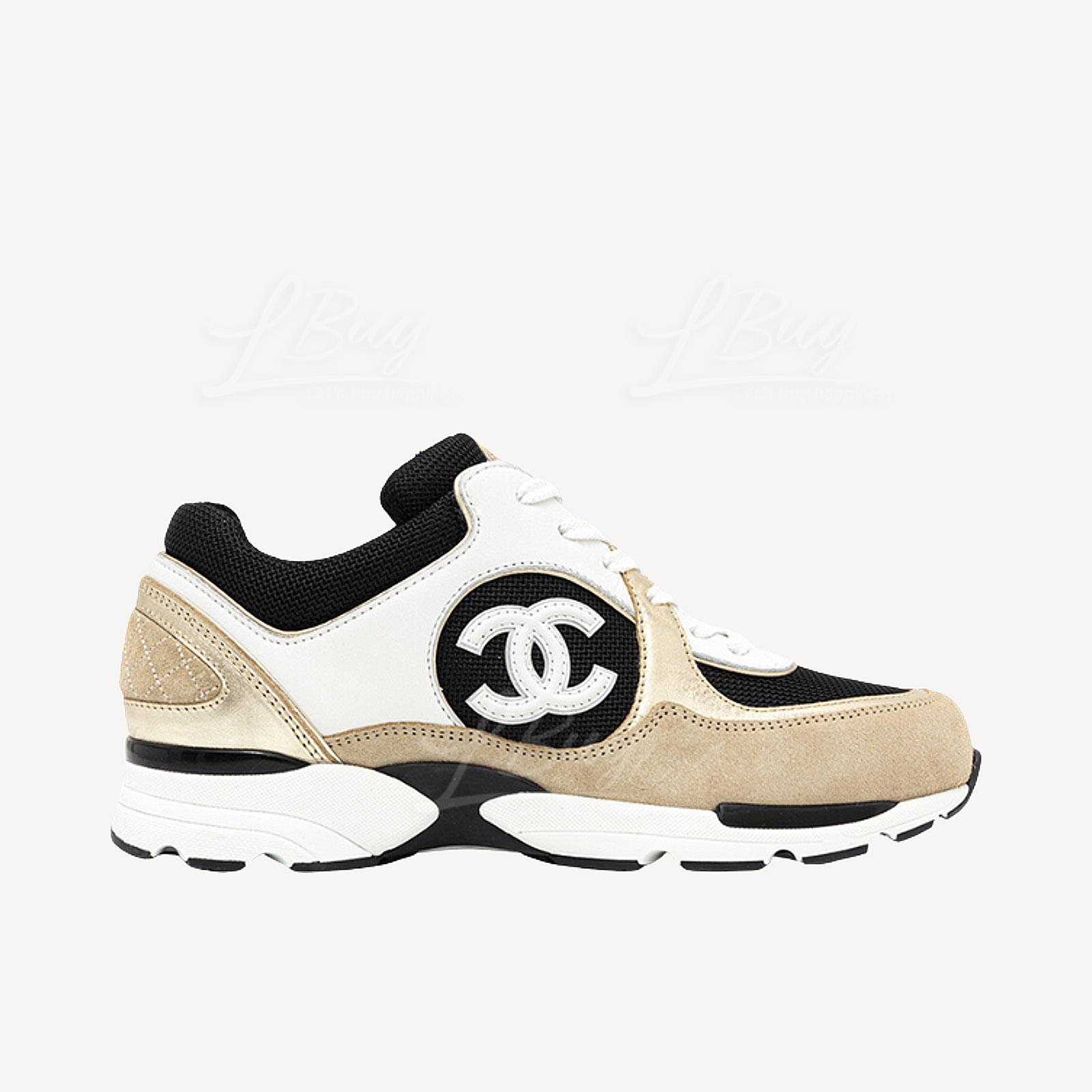 Chanel Gold Black White CC Logo Sneakers White Shoes G39066