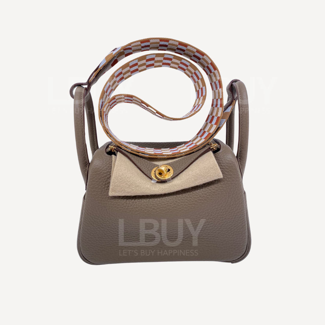 Hermes Mini Lindy Elephant Grey Gold Buckle Denim Ribbon