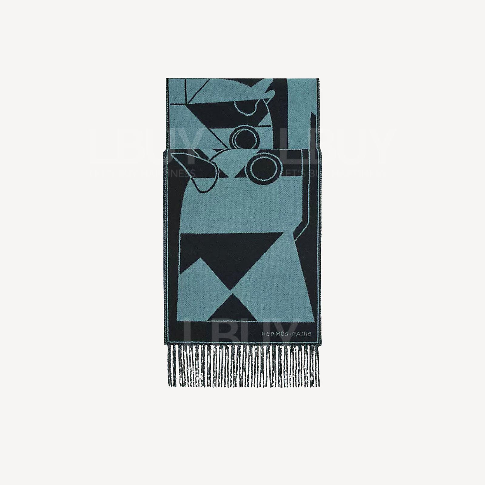 Hermes Camails Jacquard Muffler 全羊绒双面围巾 颈巾 海军蓝 天蓝色