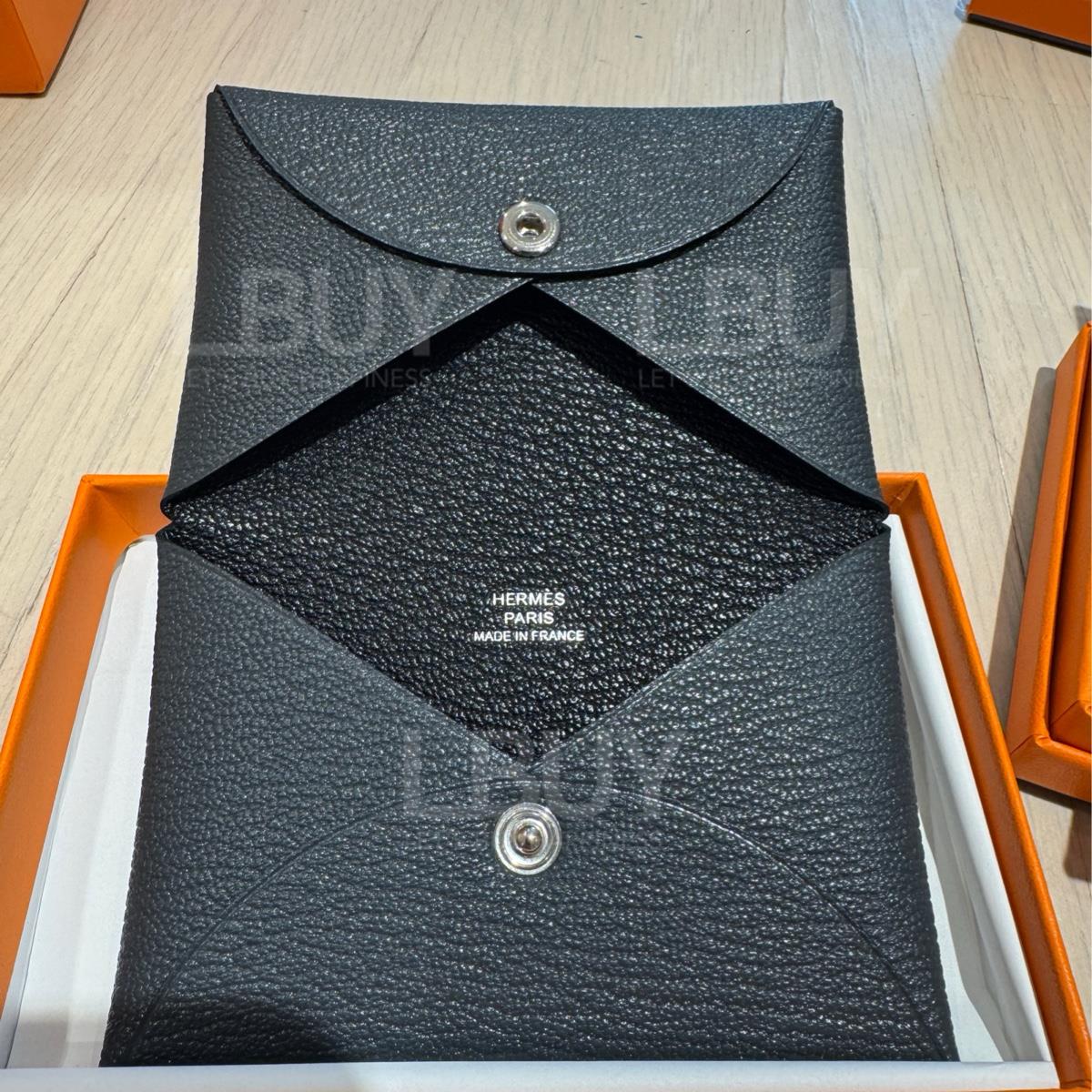 Hermes Calvi Card Holder Goatskin Slab Grey Interior Black