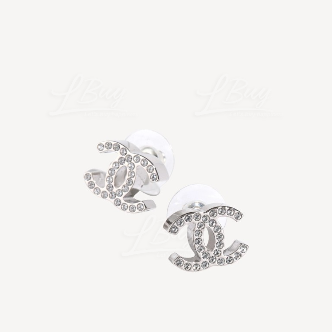 Chanel CC Logo Silver Rhinestone Earrings ABE835
