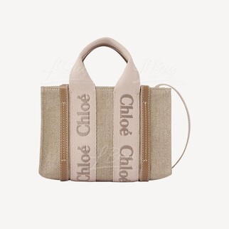 Chloe Mini Woody tote bag in linen 粉色拼棕色 迷你手挽袋