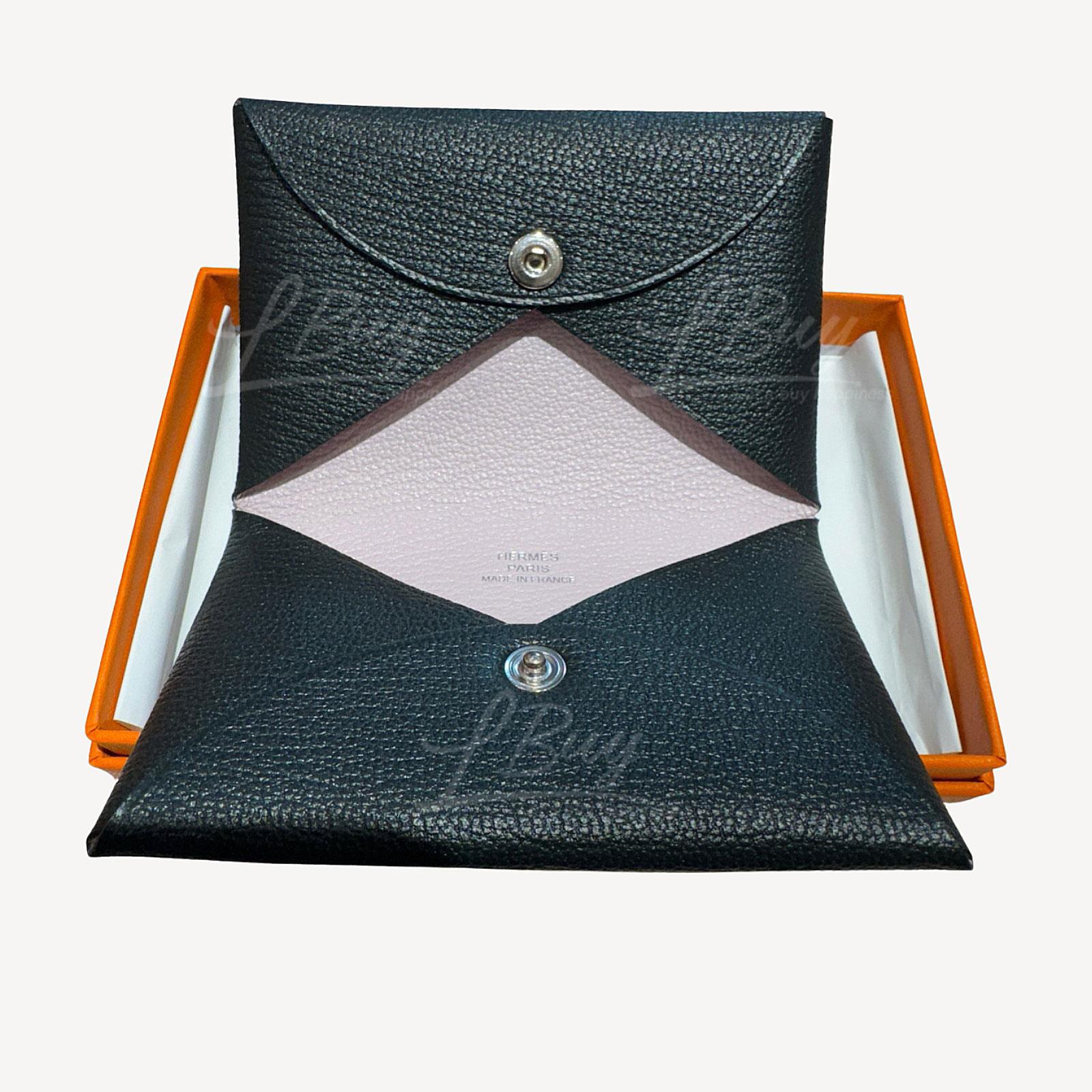 Hermes Calvi Card Holder 山羊皮 黑色內拼粉色