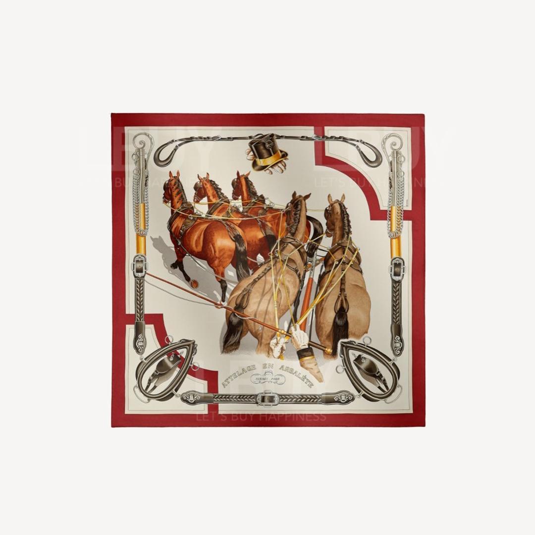 Hermes Attelage and Crossbow Forever Scarf 90 Rouge Cuit Grey Alezan