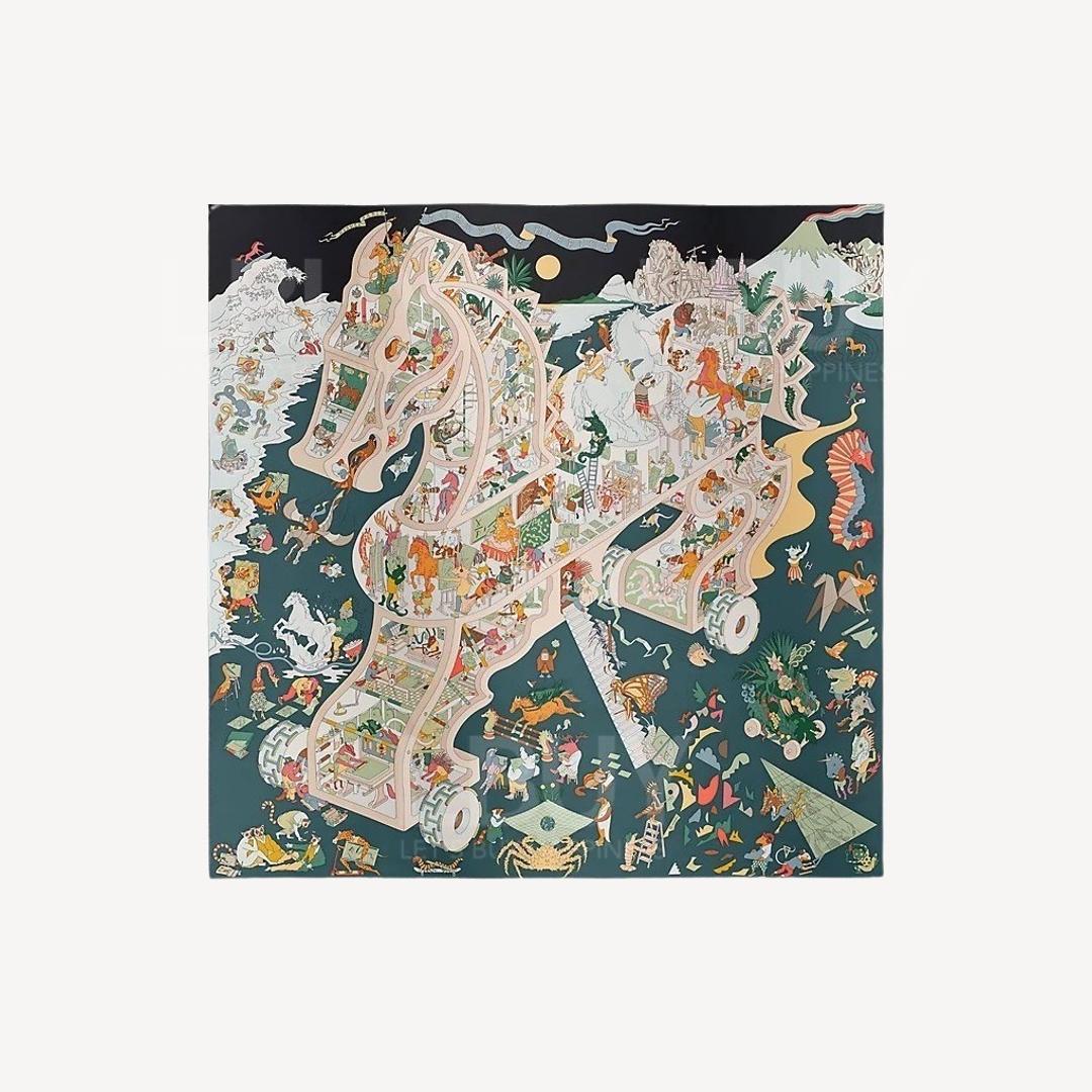 Hermes Academia Hippica scarf 90 noir / ardoise / rose poudre