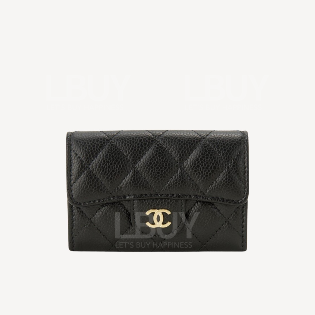 Chanel 經典款細號垂蓋卡片套 黑色配金色CC Logo AP0214