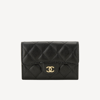 Chanel 經典款細號垂蓋卡片套 黑色配金色CC Logo AP0214