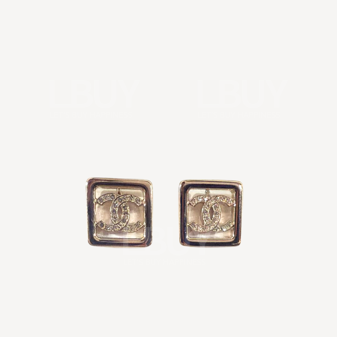 Chanel Gold Square Rhinestone CC logo Earrings Ear Clip ABG714