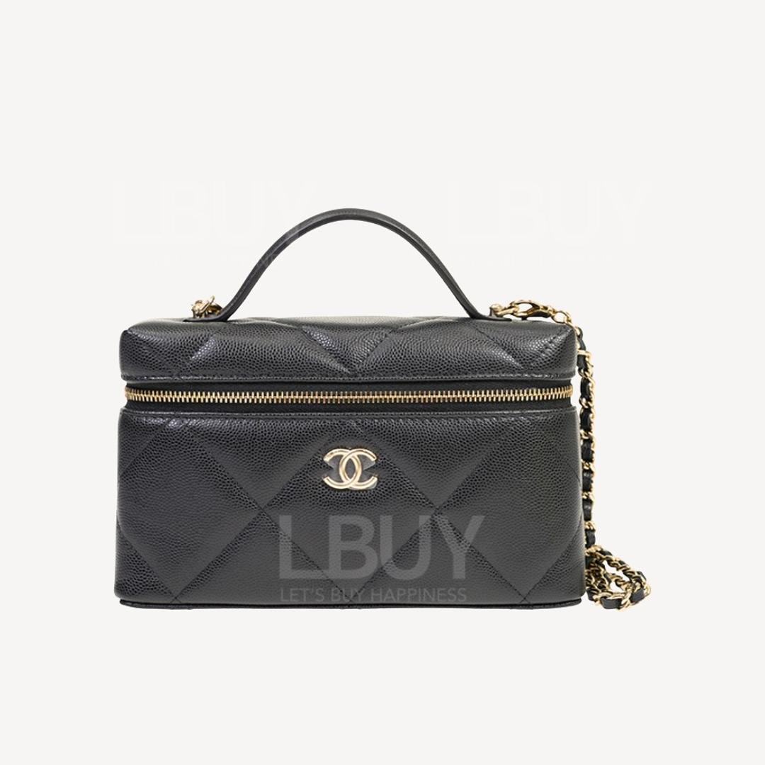 Chanel Vanity Case Grained Calfskin Handle Long Large Grid Makeup Box Black AP4936