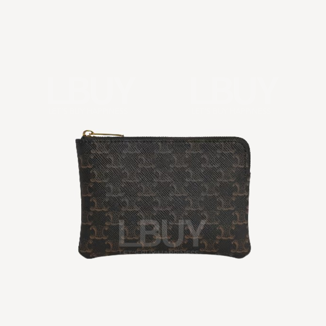 Celine Triomphe 印花標誌拉鍊零錢卡片包配鈎扣 黑色