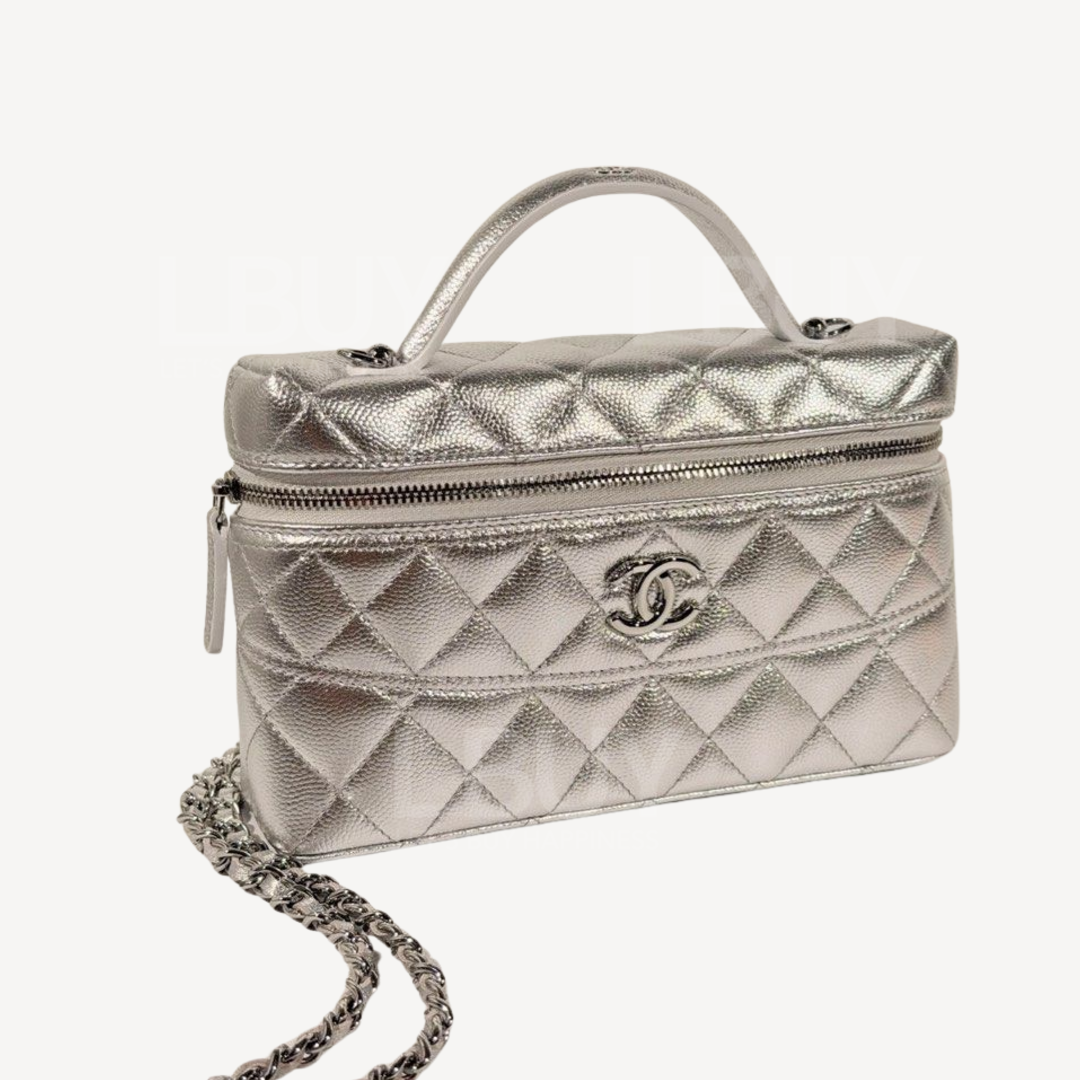 Chanel Handle CC Logo化妆包 粒纹小牛皮手挽长型化妆盒 银色 AP4407