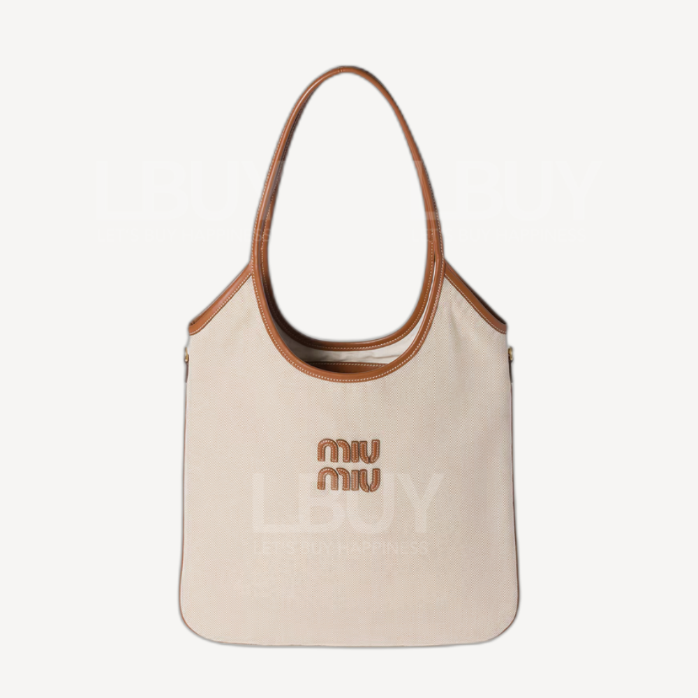Miu Miu Ivy Hobo 帆布和皮革手袋 自然色 白兰地色