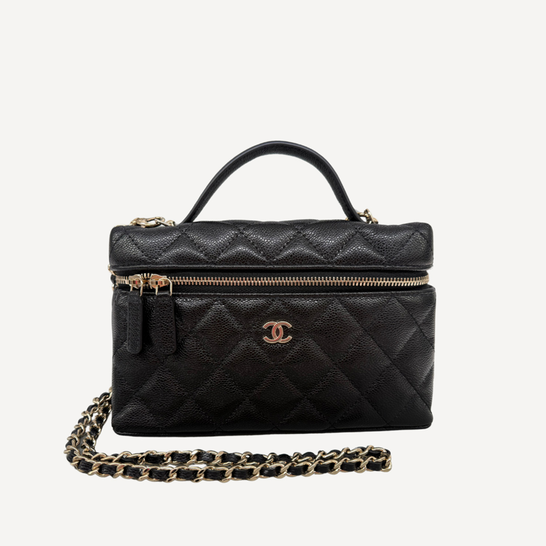 Chanel Vanity Case 粒纹小牛皮手挽长型化妆盒子 黑色 AP4385