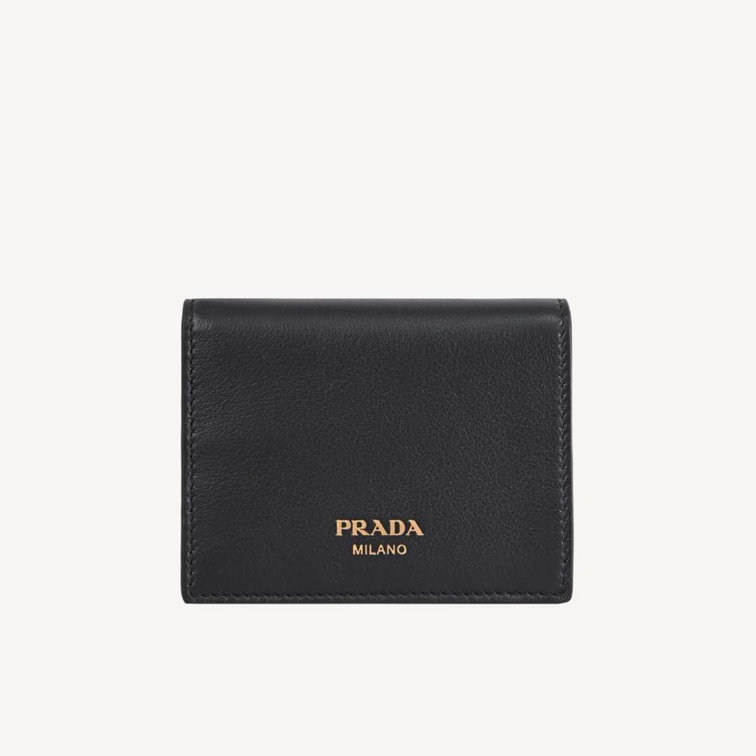 Prada 金色標誌皮革黑色銀包 1MV021