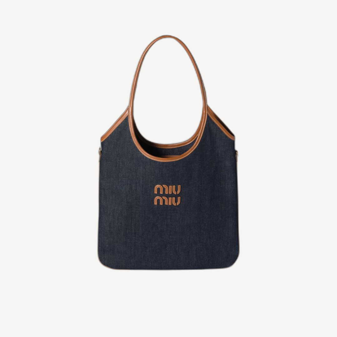 Miu Miu Ivy Hobo 牛仔布和皮革手袋 藍色 白蘭地色