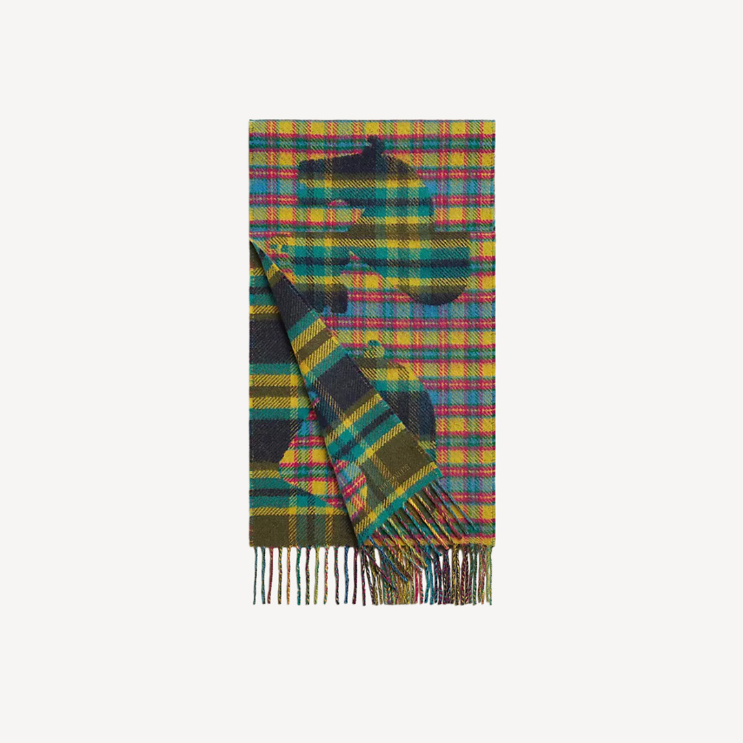 Hermes Echec au Roi Tartan Scarf Full Cashmere Scarf Neck Scarf Merged Yellow Pink Blue