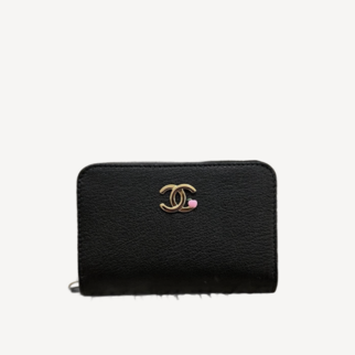 Chanel Gold CC Logo Pink Enamel Heart Buckle Black Wallet AP5297