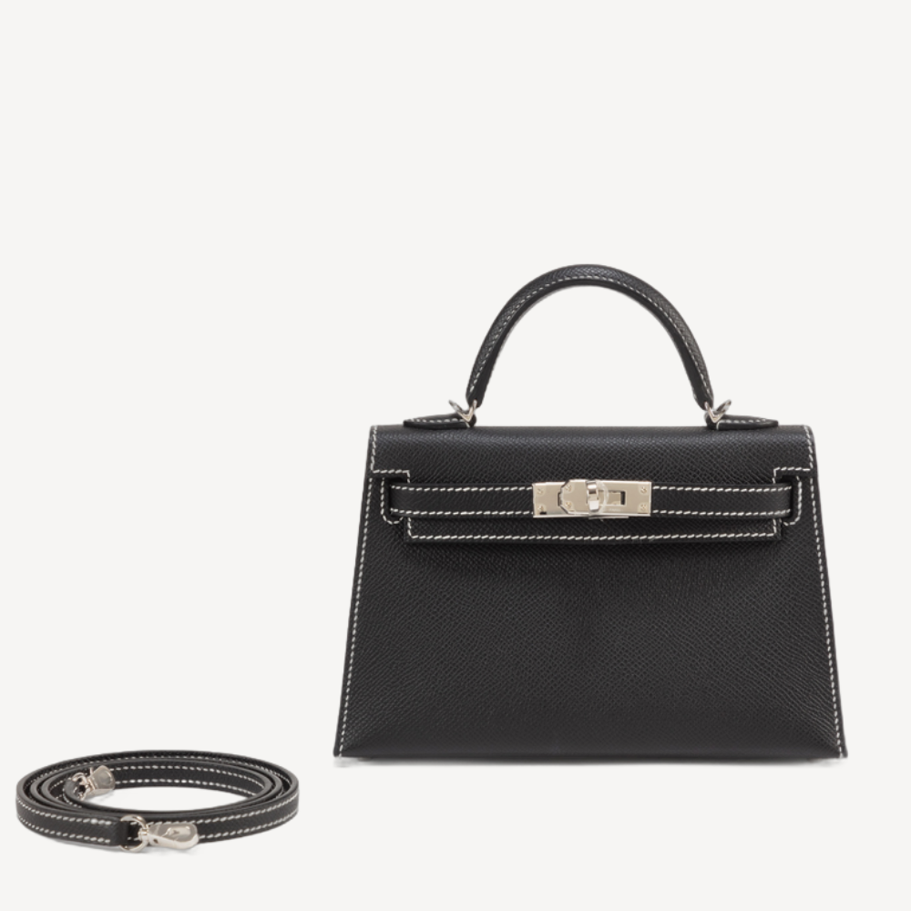 Hermes Mini Kelly II Noir White Line PHW Epsom