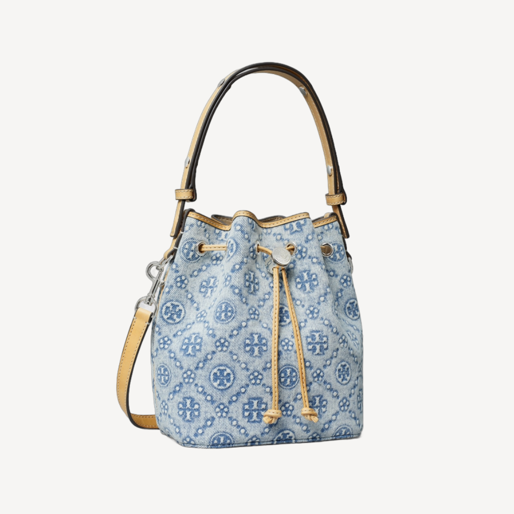 Tory Burch Monogram Denim Mini Bucket Bag Powder Blue